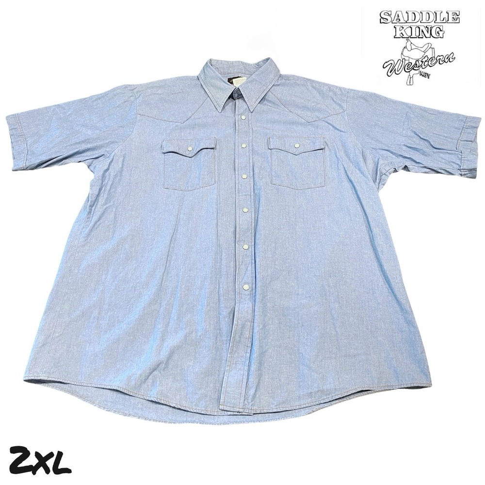 VTG Saddle King Shirt Men's 2XL Blue Pearl Snap 18.5 Short‎ Sleeve Denim 90s